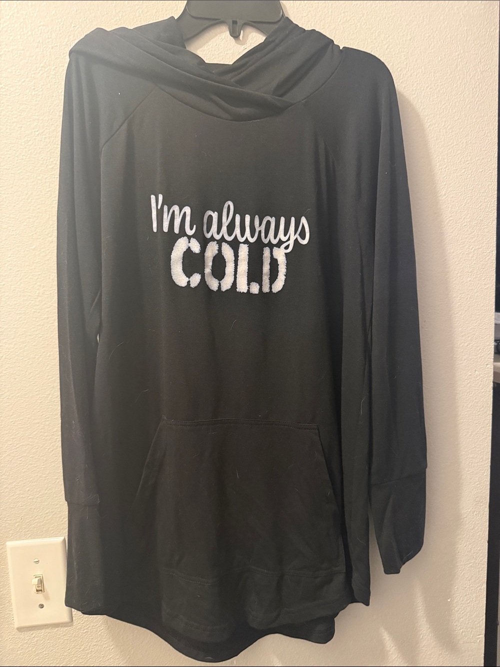 LuLaRoe Black Cowl Neck Hoodie with "I'm Always COLD" Script